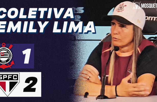 Treinadora Emily Lima durante entrevista coletiva na Neo Química Arena após a final do Brasileirão Feminino.